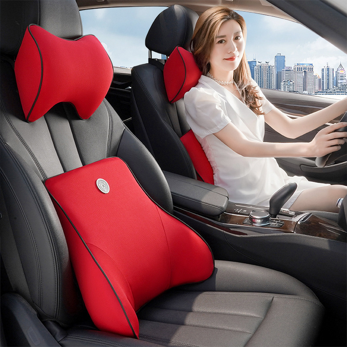 Set coussin lombaire et appui-tête voiture mémoire de forme, coloris rouge