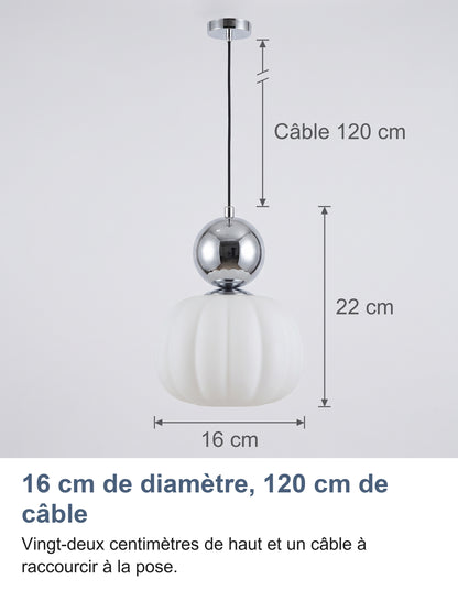 Dimensions de la suspension : 16 cm de diamètre, 22 cm de haut, câble de 120 cm (schéma non à l'échelle)
