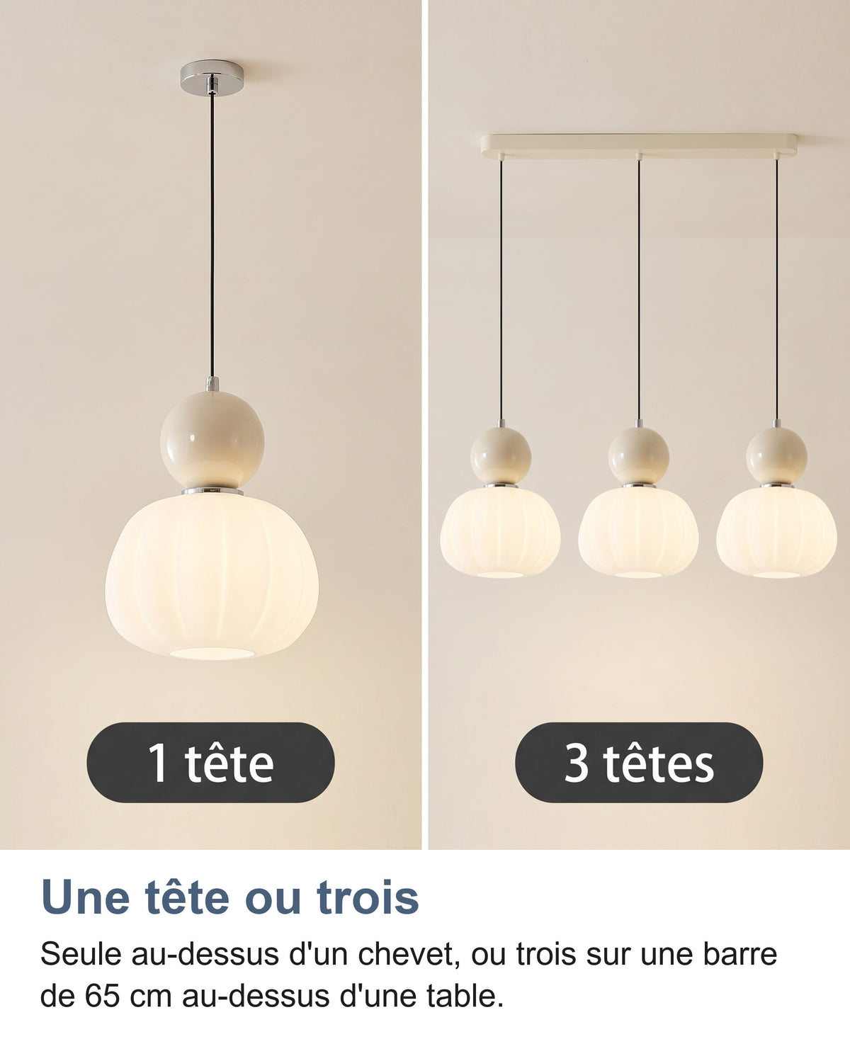 Version une tête et version trois têtes sur barre crème, côte à côte