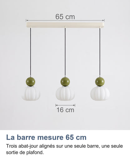 Suspension trois têtes à sphères vertes : barre de 65 cm et abat-jour de 16 cm