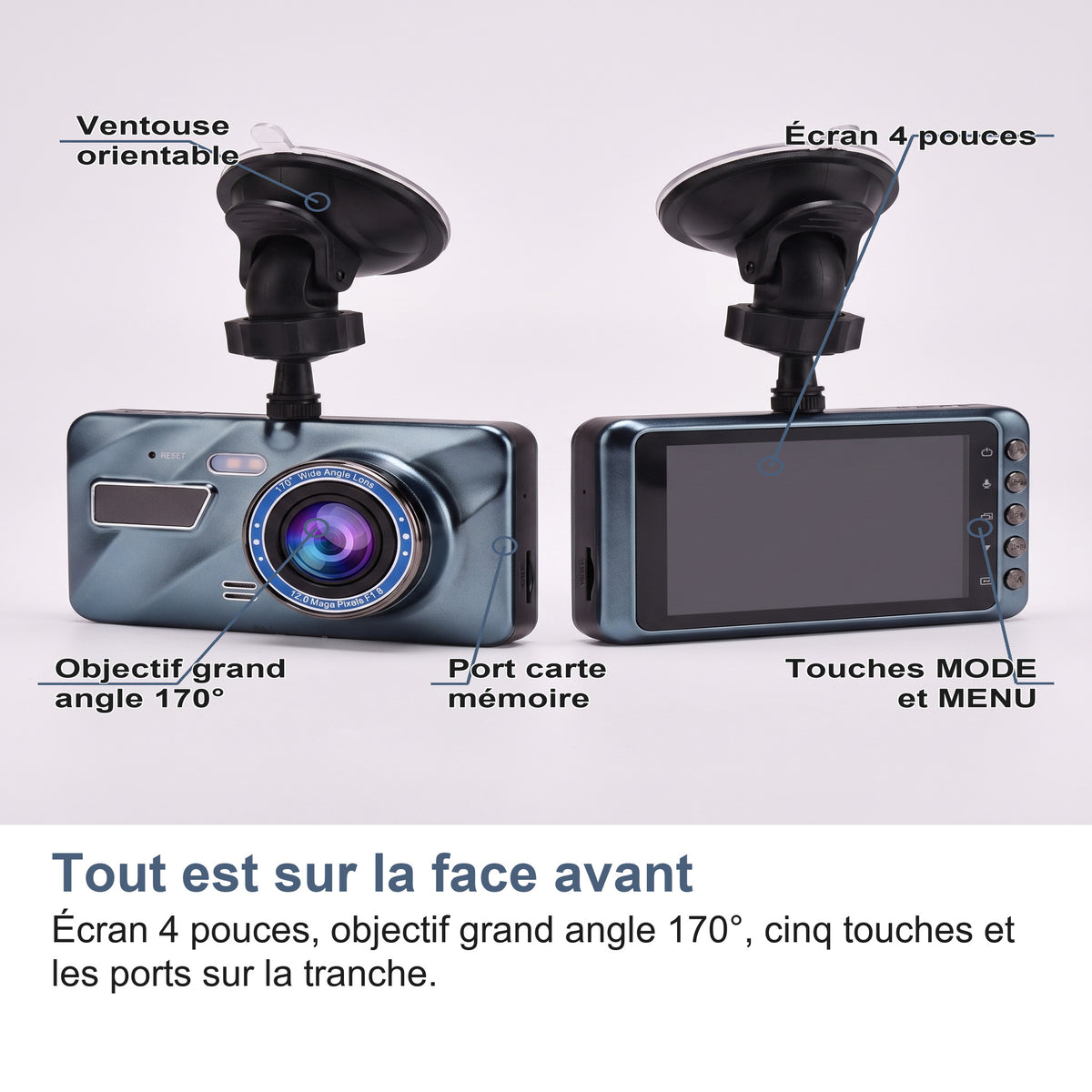 Tout est sur la face avant Écran 4 pouces, objectif grand angle 170°, cinq touches et les ports sur la tranche.