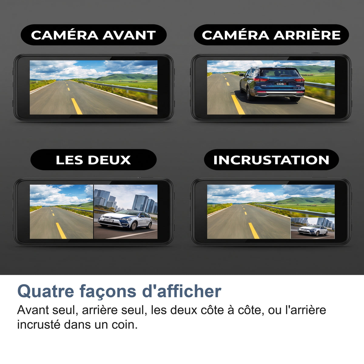 Quatre façons d'afficher Avant seul, arrière seul, les deux côte à côte, ou l'arrière incrusté dans un coin.