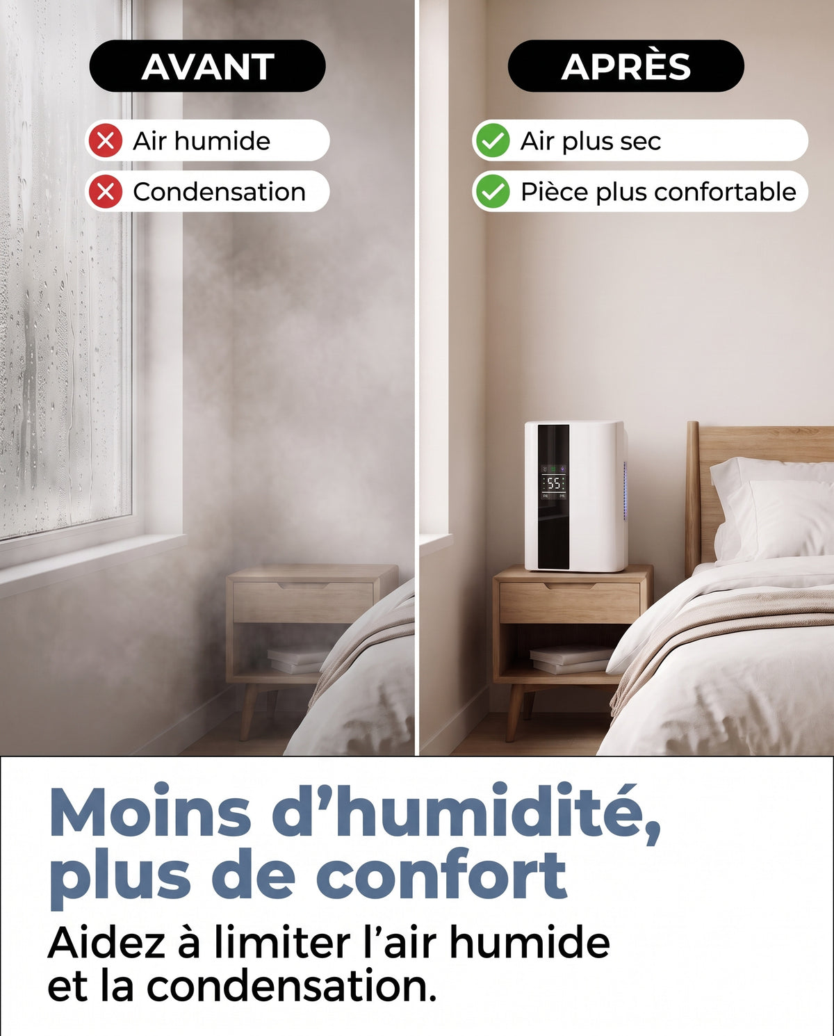 Chambre avant et après utilisation du déshumidificateur