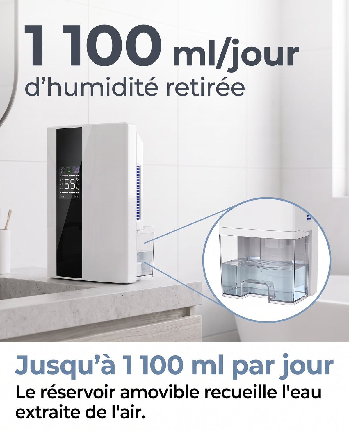 Déshumidificateur jusqu'à 1 100 ml par jour avec réservoir