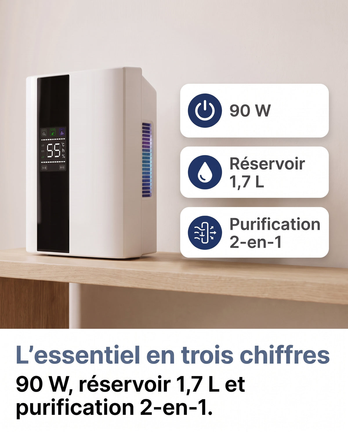 Déshumidificateur 90 W avec réservoir 1,7 L et purification 2-en-1