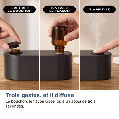 Trois gestes, et il diffuse Le bouchon, le flacon vissé, puis un appui de trois secondes.