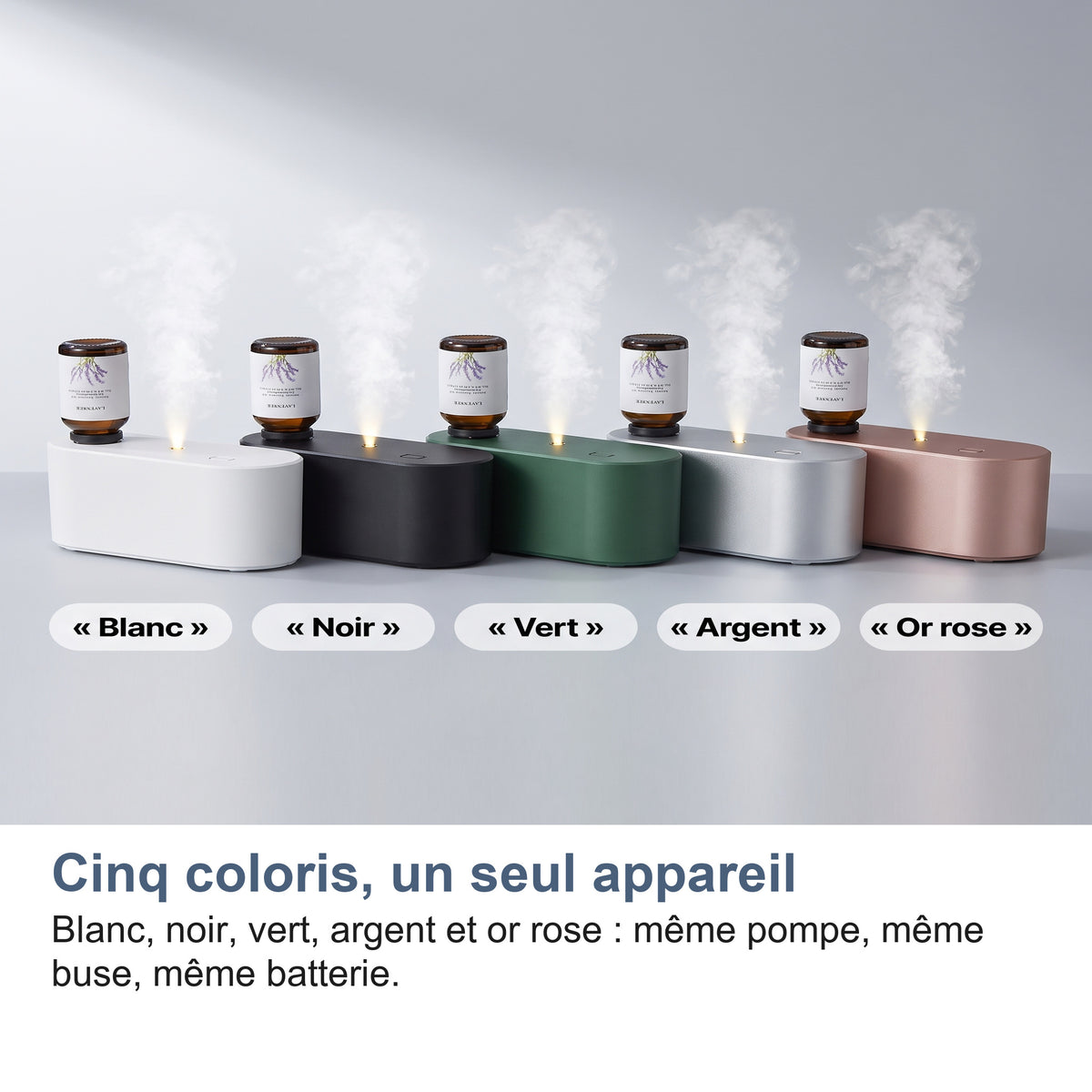 Cinq coloris, un seul appareil Blanc, noir, vert, argent et or rose : même pompe, même buse, même batterie.
