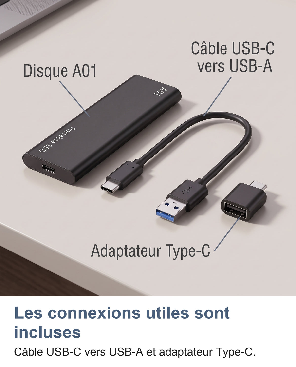 Disque A01, câble USB-C vers USB-A et adaptateur Type-C