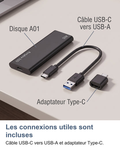 Disque A01, câble USB-C vers USB-A et adaptateur Type-C