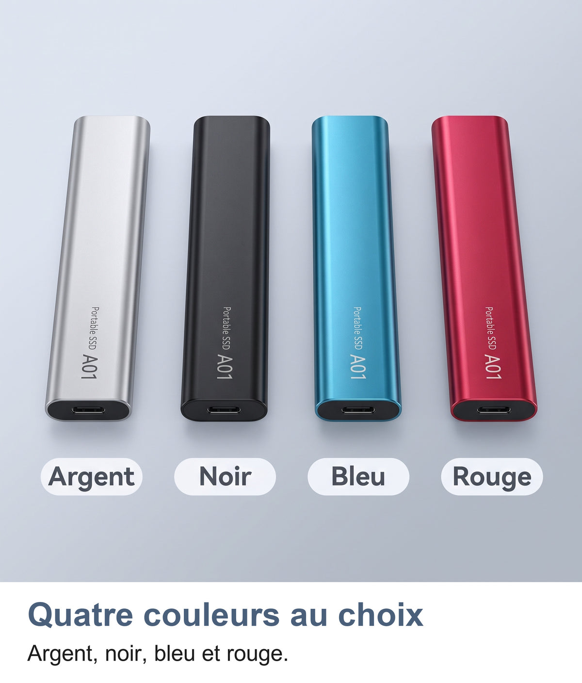 Disque externe en argent, noir, bleu et rouge