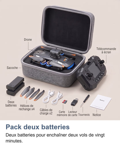 Sacoche ouverte avec le drone plié, la télécommande à écran et le pack deux batteries: deux batteries, quatre hélices de rechange, deux câbles, carte mémoire, lecteur, tournevis et notice