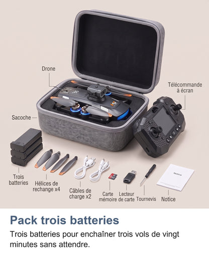 Sacoche ouverte avec le drone plié, la télécommande à écran et le pack trois batteries: trois batteries, quatre hélices de rechange, deux câbles, carte mémoire, lecteur, tournevis et notice