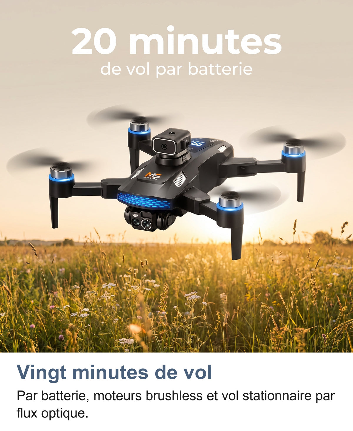 Drone en vol au-dessus d'un champ, vingt minutes de vol par batterie
