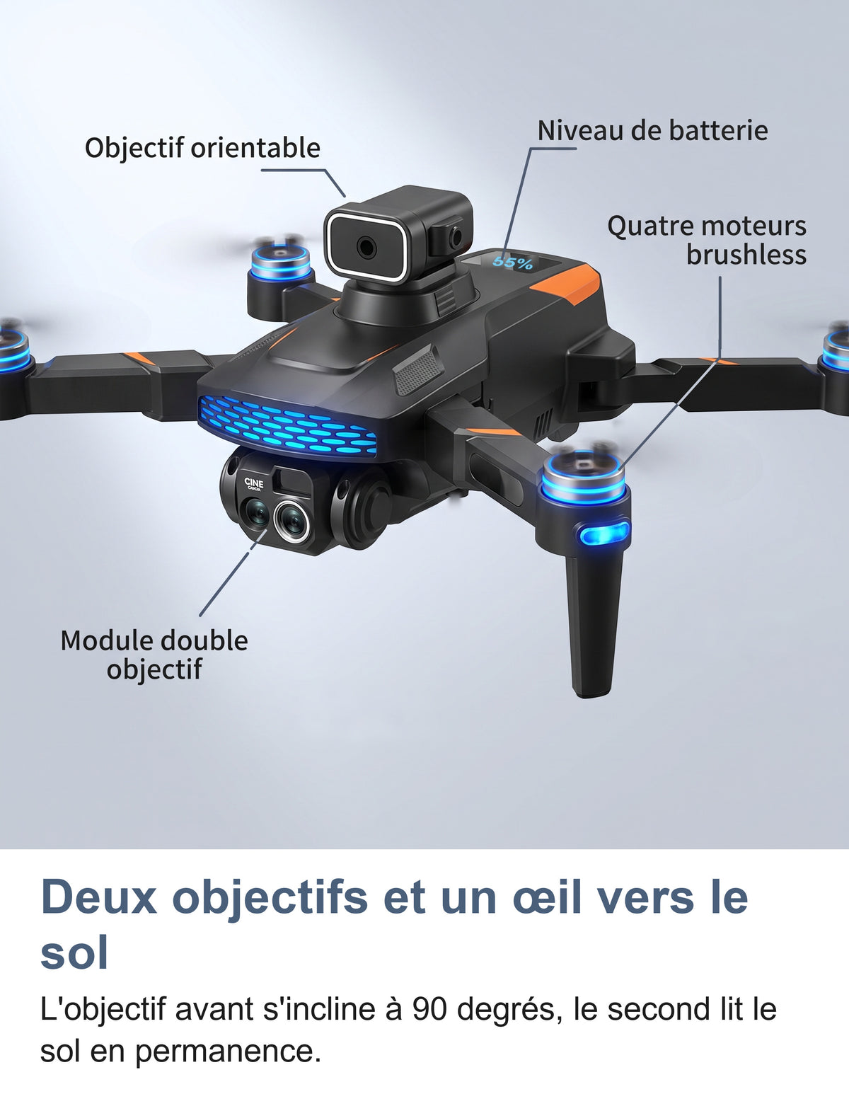 Les parties du drone: objectif orientable, niveau de batterie, quatre moteurs brushless et module double objectif