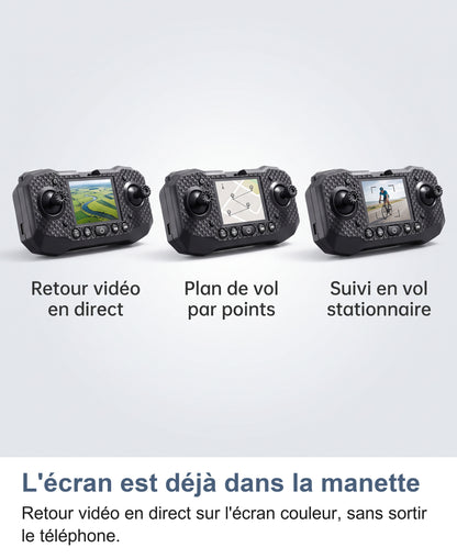 Trois écrans de la télécommande: retour vidéo en direct, plan de vol par points et suivi en vol stationnaire