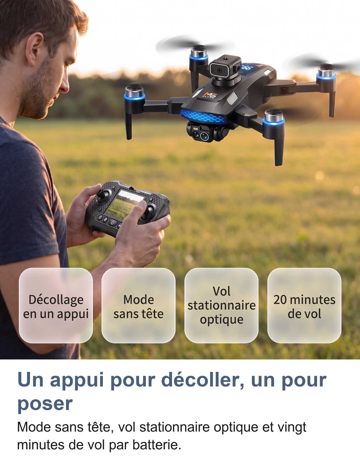 Pilote dans un champ avec la télécommande à écran et le drone en vol: décollage en un appui, mode sans tête, vol stationnaire optique, vingt minutes de vol