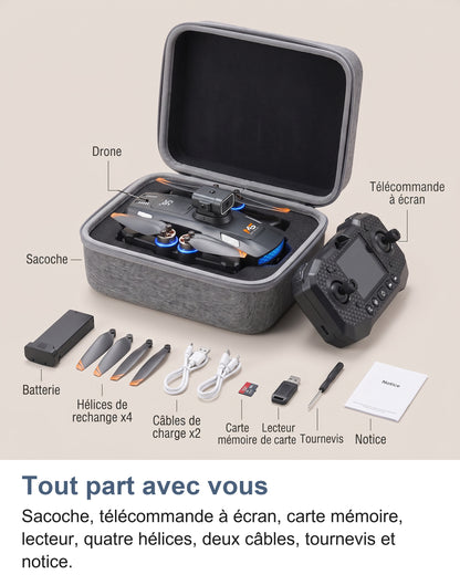 Le contenu de la sacoche: drone plié, télécommande à écran, la ou les batteries selon le pack, quatre hélices, deux câbles, carte mémoire, lecteur, tournevis et notice