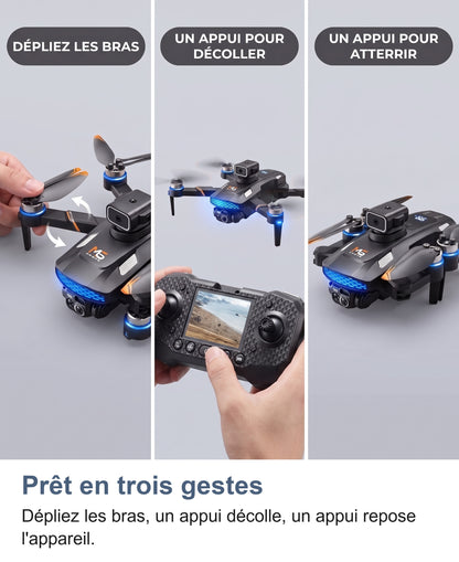 Trois gestes: déplier les bras du drone, un appui sur la télécommande à écran pour décoller, un appui pour atterrir