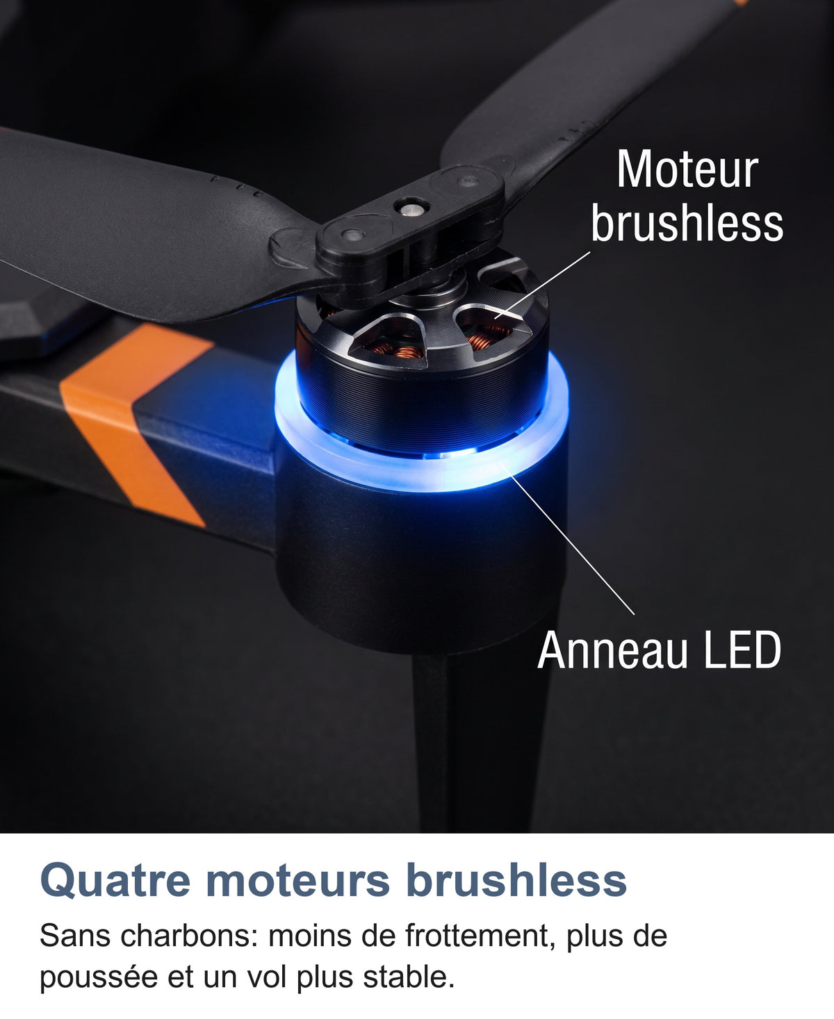 Macro d'un moteur brushless du drone et de son anneau LED bleu