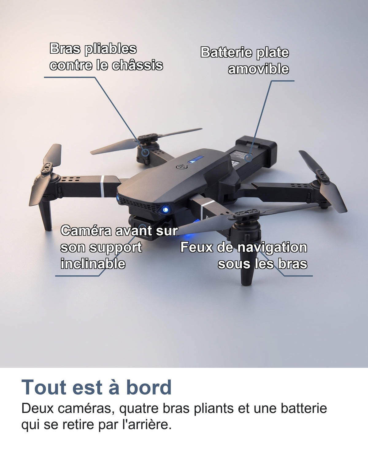 Le mini drone déplié vu de trois quarts