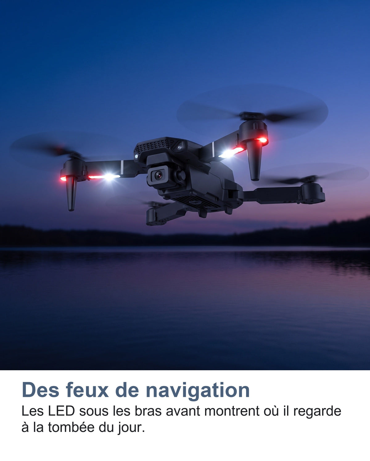 Le mini drone en vol au crépuscule avec ses LED