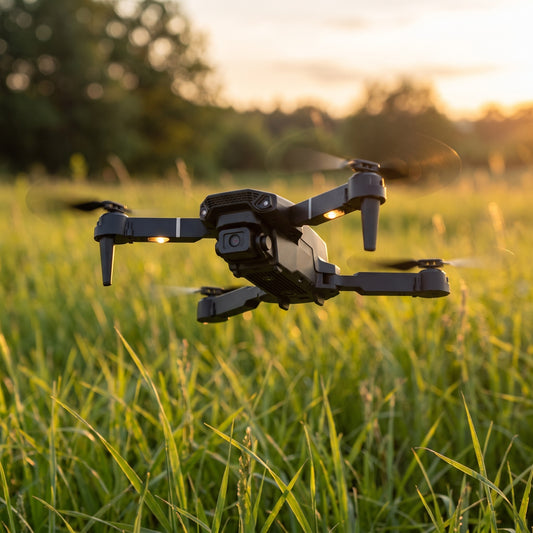 Mini drone caméra pliable noir en vol au-dessus d'un pré