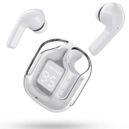 Écouteurs sans fil Bluetooth à boîtier transparent, coloris blanc