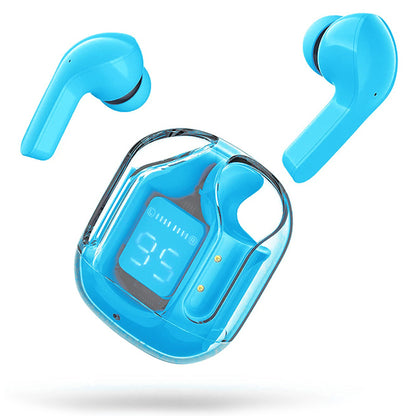 Écouteurs sans fil Bluetooth à boîtier transparent, coloris bleu