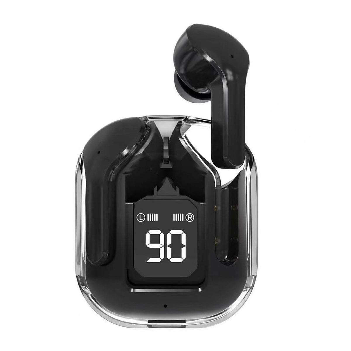 Écouteurs sans fil Bluetooth à boîtier transparent, coloris noir