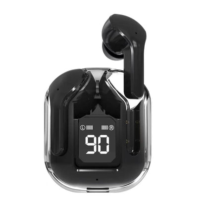 Écouteurs sans fil Bluetooth à boîtier transparent, coloris noir
