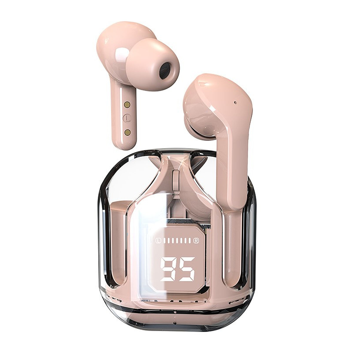 Écouteurs sans fil Bluetooth à boîtier transparent, coloris rose