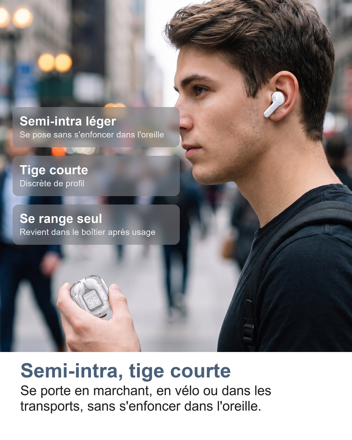 Semi-intra, tige courte Se porte en marchant, en vélo ou dans les transports, sans s'enfoncer dans l'oreille.