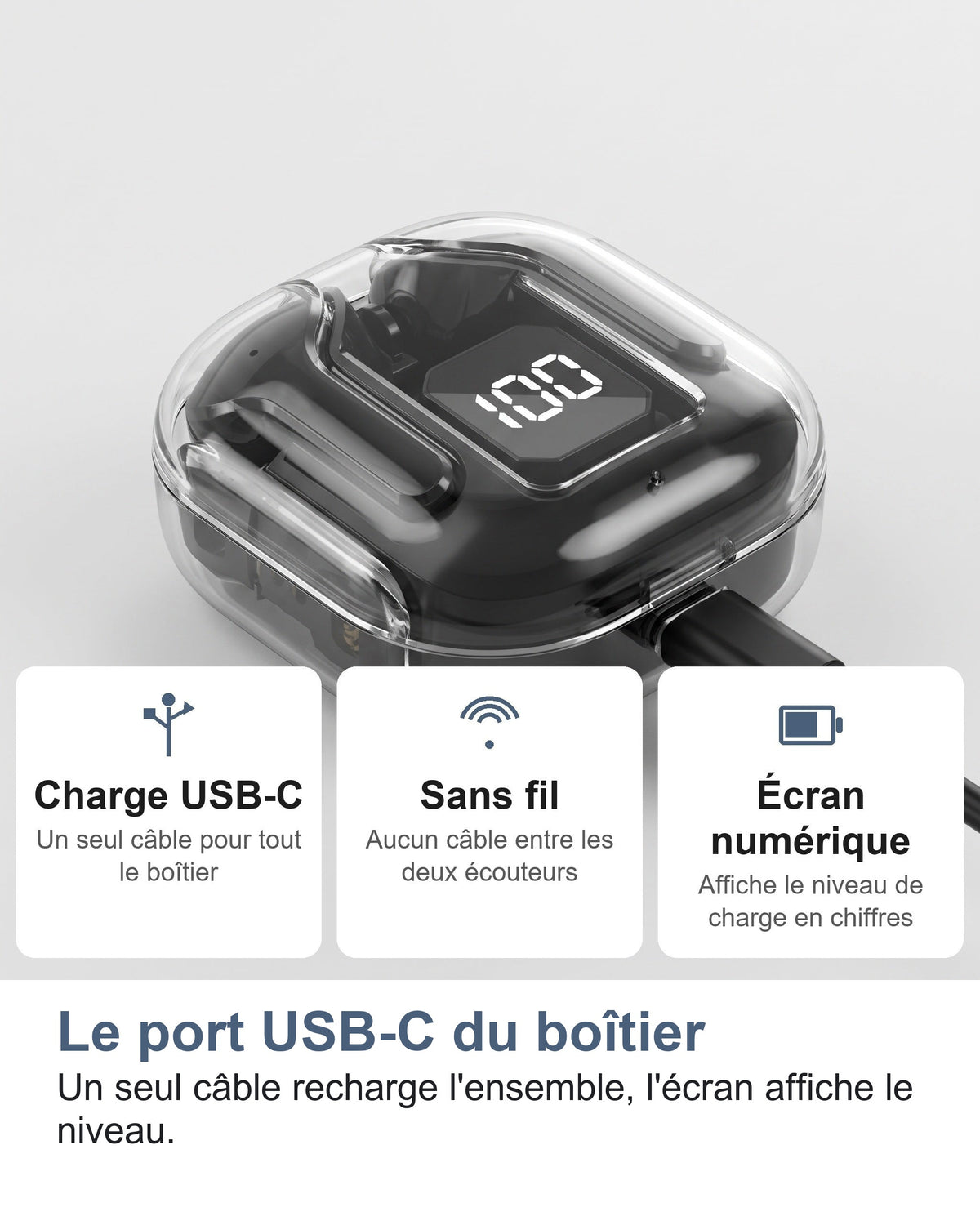 Le port USB-C du boîtier Un seul câble recharge l'ensemble, l'écran affiche le niveau.