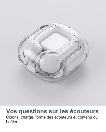 Vos questions sur les écouteurs Coloris, charge, forme des écouteurs et contenu du boîtier.