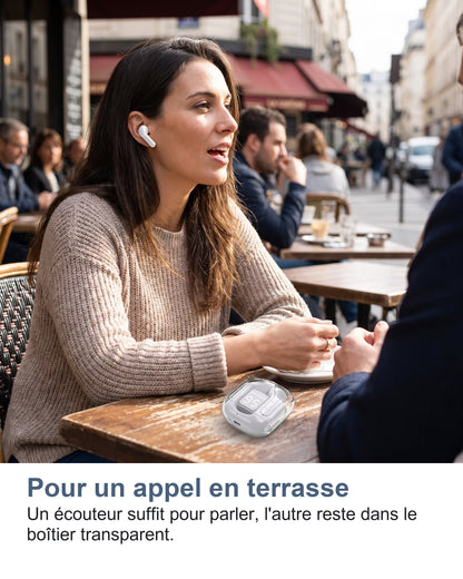 Pour un appel en terrasse Un écouteur suffit pour parler, l'autre reste dans le boîtier transparent.