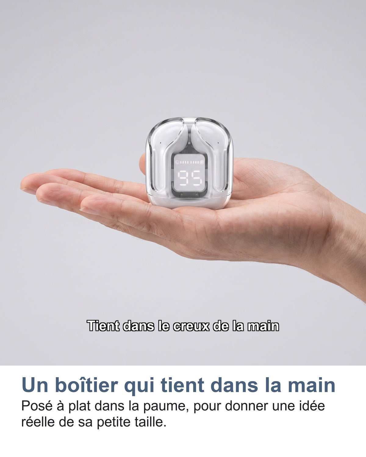 Un boîtier qui tient dans la main Posé à plat dans la paume, pour donner une idée réelle de sa petite taille.
