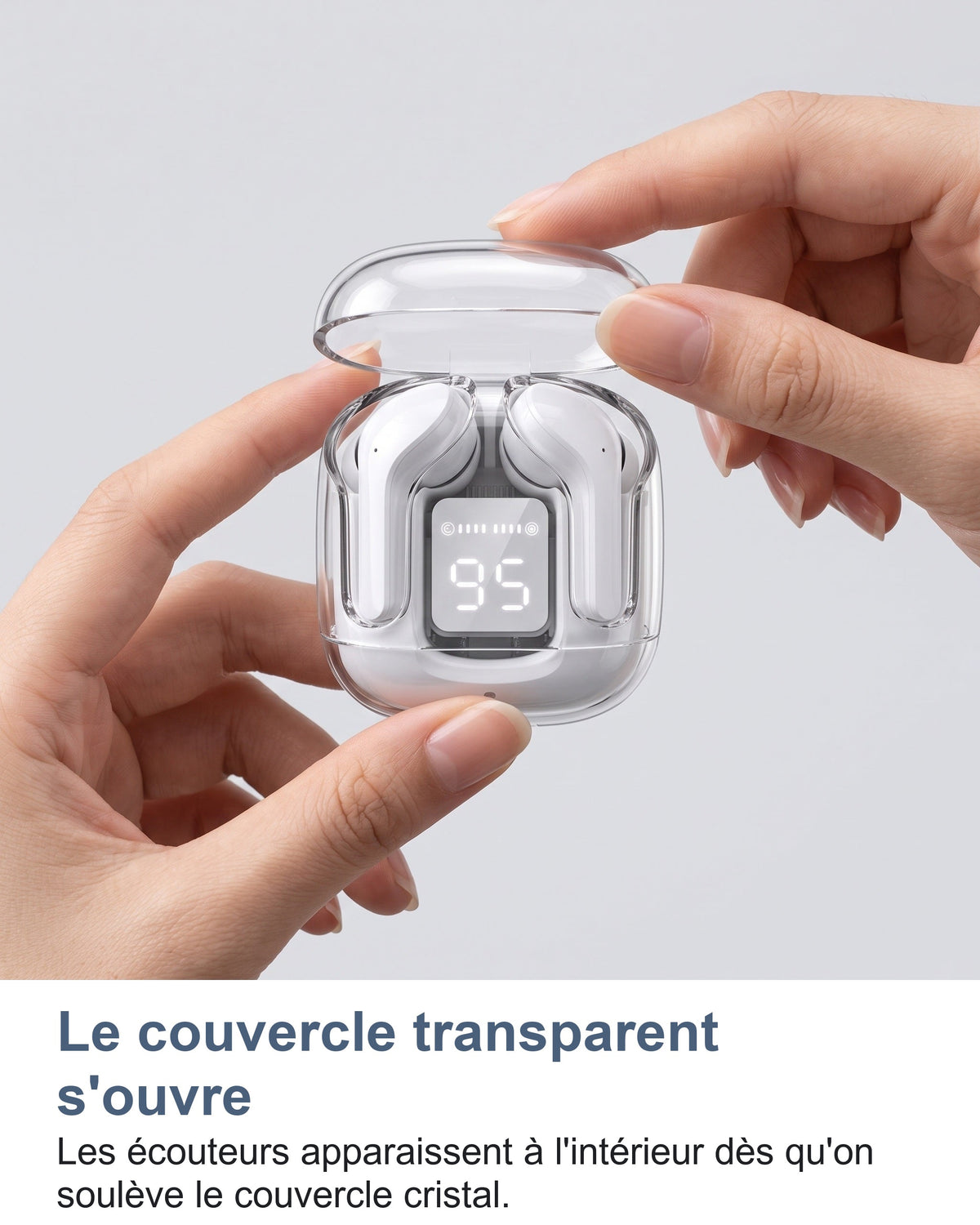 Le couvercle transparent s'ouvre Les écouteurs apparaissent à l'intérieur dès qu'on soulève le couvercle cristal.