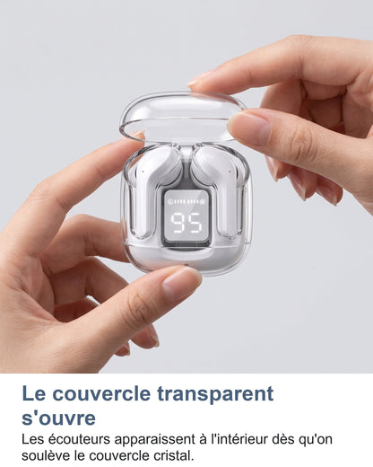 Le couvercle transparent s'ouvre Les écouteurs apparaissent à l'intérieur dès qu'on soulève le couvercle cristal.