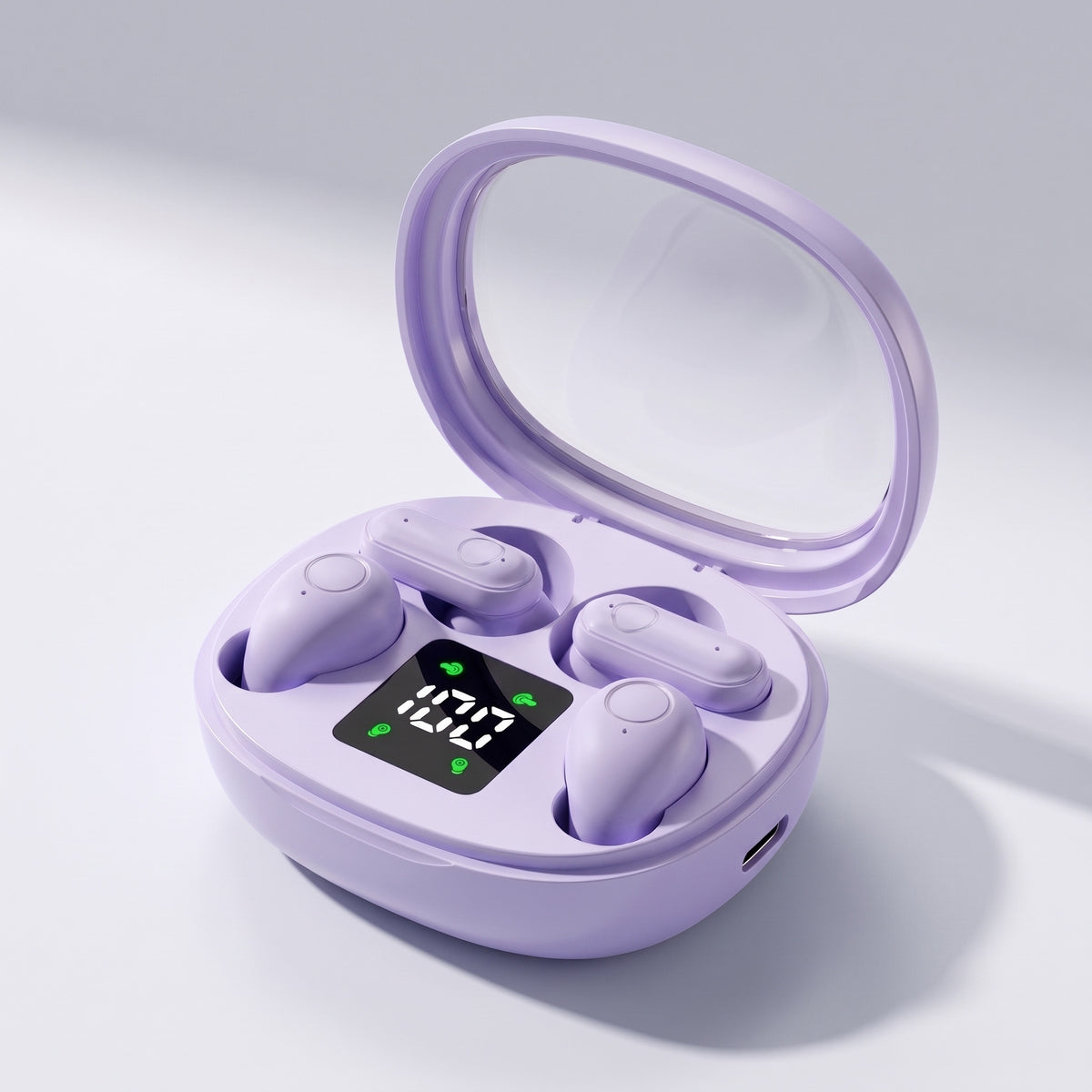 Écouteurs sans fil violet: boîtier ouvert avec ses quatre écouteurs et l'écran de charge allumé