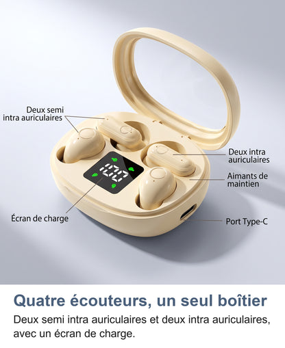 Les parties du boîtier: écran de charge, deux semi intra auriculaires, deux intra auriculaires, aimants de maintien et port Type-C