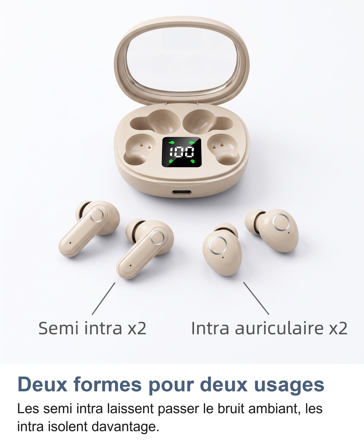 Les quatre écouteurs sortis du boîtier: deux semi intra et deux intra auriculaires