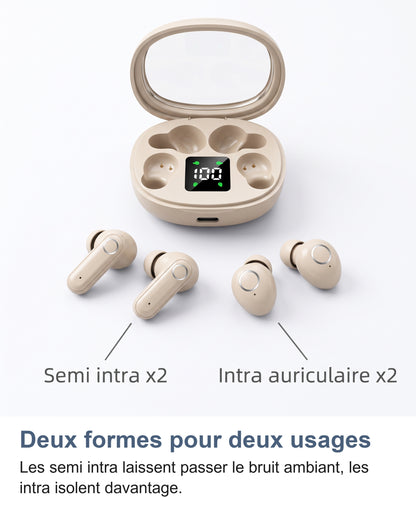Les quatre écouteurs sortis du boîtier: deux semi intra et deux intra auriculaires