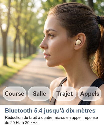 Femme pendant une course avec un écouteur intra auriculaire: course, salle, trajet et appels
