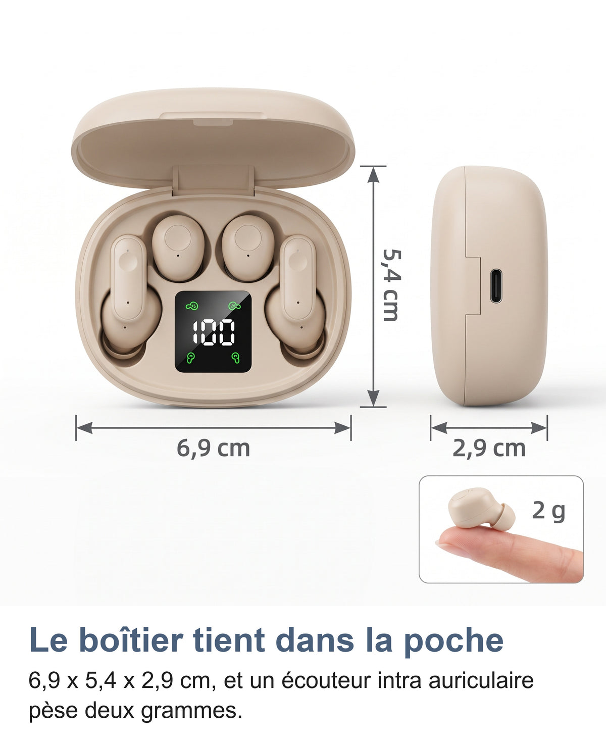 Dimensions du boîtier 6,9 x 5,4 x 2,9 cm et écouteur intra de 2 g sur un doigt