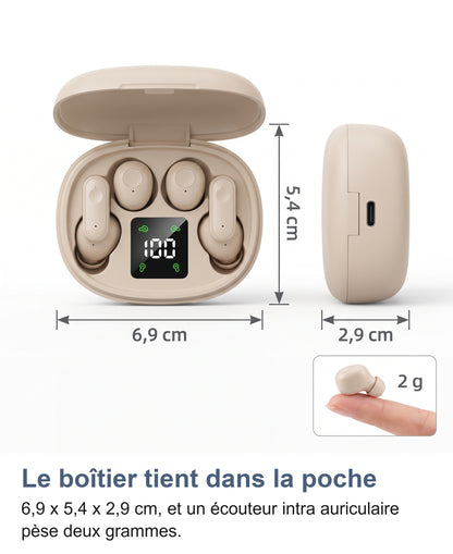 Dimensions du boîtier 6,9 x 5,4 x 2,9 cm et écouteur intra de 2 g sur un doigt