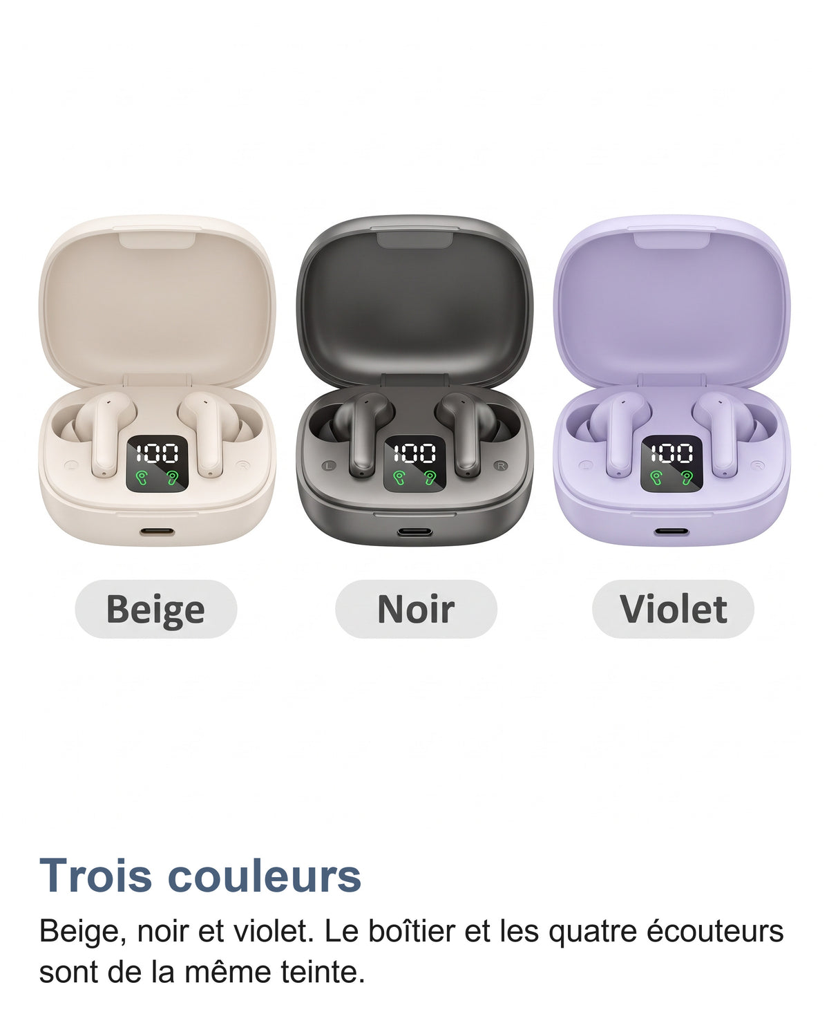 Les trois couleurs des écouteurs sans fil: beige, noir et violet