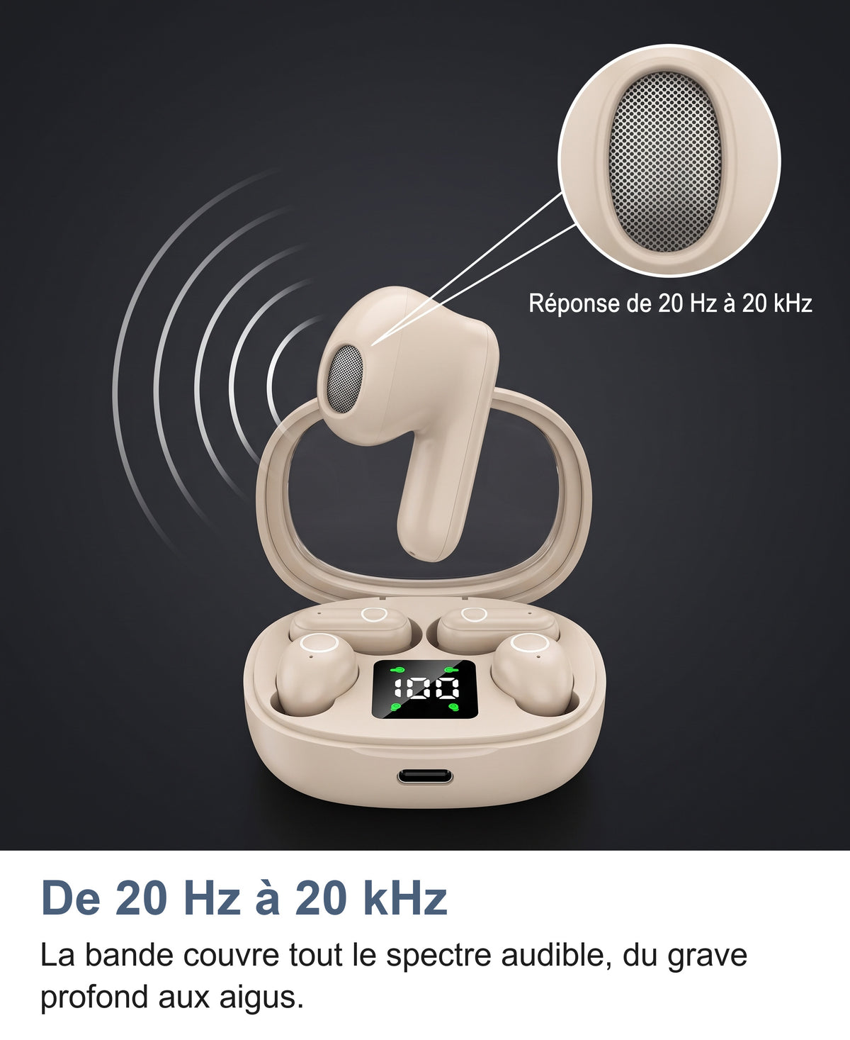 Écouteur semi intra auriculaire et zoom sur sa grille, réponse de 20 Hz à 20 kHz