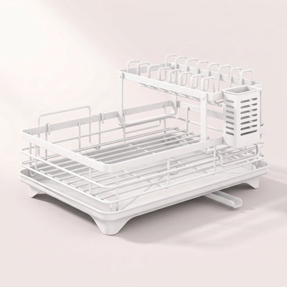 Égouttoir à vaisselle blanc 2 niveaux avec porte-couverts, porte-planche et bec d'évacuation, vide, sur fond clair