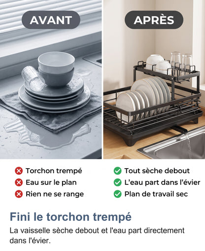Avant, vaisselle sur un torchon trempé et eau sur le plan ; après, vaisselle debout sur l'égouttoir et eau qui part dans l'évier