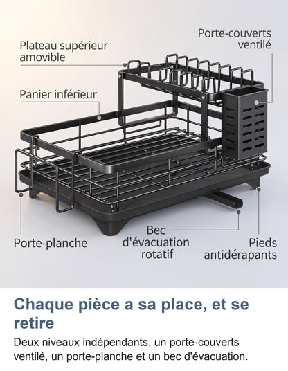 Les parties de l'égouttoir noir : plateau supérieur amovible, panier inférieur, porte-couverts ventilé, porte-planche, bec d'évacuation rotatif et pieds antidérapants